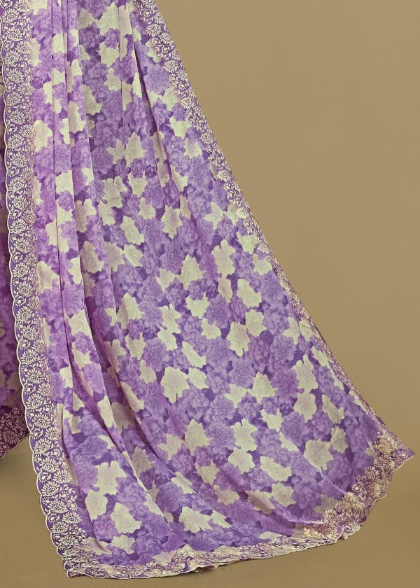 Silk Georgette Lavender Saree with Abstract Floral Patterns, Embroidered Cutwork Border