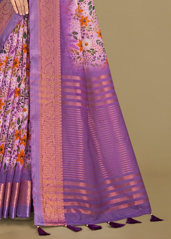 Linen Silk Saree in Lavender with Floral Design, Zari Border, and Chit Pallu