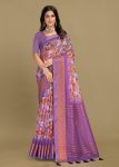 Linen Silk Saree in Lavender with Floral Design, Zari Border, and Chit Pallu