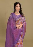 Linen Silk Saree in Lavender with Floral Design, Zari Border, and Chit Pallu