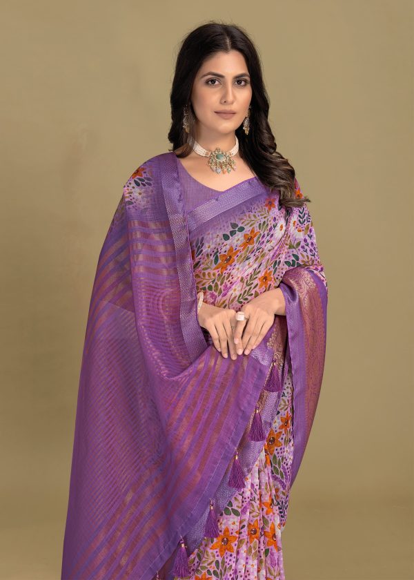 Linen Silk Saree in Lavender with Floral Design, Zari Border, and Chit Pallu
