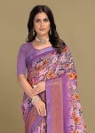 Linen Silk Saree in Lavender with Floral Design, Zari Border, and Chit Pallu