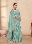 Sky Blue Organza Saree with Crushed Finish, Embroidery Thread Work and Crochet Less Border