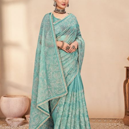 Sky Blue Organza Saree with Crushed Finish, Embroidery Thread Work and Crochet Less Border