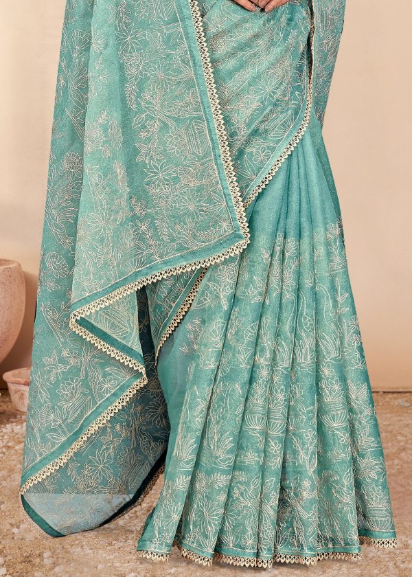 Sky Blue Organza Saree with Crushed Finish, Embroidery Thread Work and Crochet Less Border