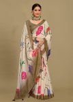 Soft Linen Silk Saree in Beige with Floral Prints, Zari Woven Border, and Tassels