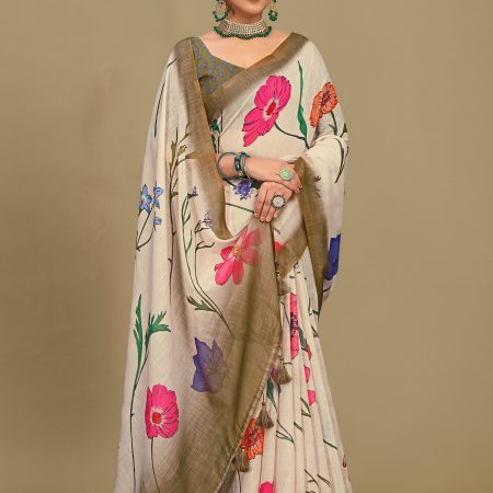 Soft Linen Silk Saree in Beige with Floral Prints, Zari Woven Border, and Tassels