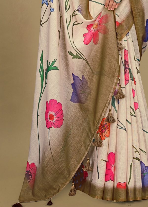 Soft Linen Silk Saree in Beige with Floral Prints, Zari Woven Border, and Tassels