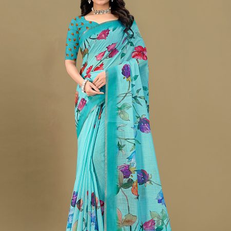 Soft Linen Silk Saree in Sky Blue with Floral Prints and Zari Woven Border