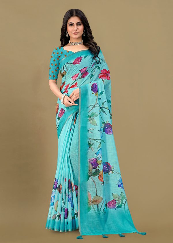 Soft Linen Silk Saree in Sky Blue with Floral Prints and Zari Woven Border