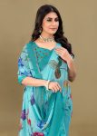 Soft Linen Silk Saree in Sky Blue with Floral Prints and Zari Woven Border