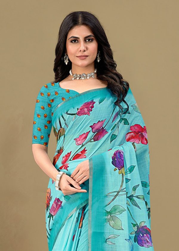 Soft Linen Silk Saree in Sky Blue with Floral Prints and Zari Woven Border