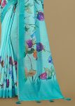 Soft Linen Silk Saree in Sky Blue with Floral Prints and Zari Woven Border