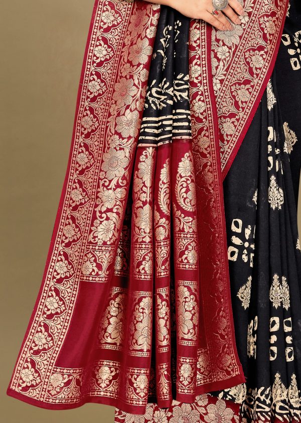 Stunning Black Pure Georgette Saree with Batik Pattern, Zari Woven Border, and Butta Motifs