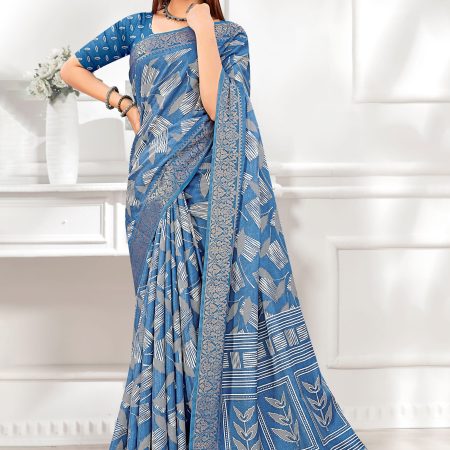 Stylish Light Blue Leaf Printed Cotton Saree Featuring Foil Work and a Zari Border