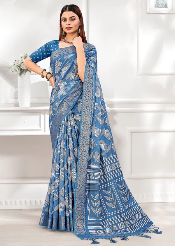 Stylish Light Blue Leaf Printed Cotton Saree Featuring Foil Work and a Zari Border