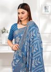 Stylish Light Blue Leaf Printed Cotton Saree Featuring Foil Work and a Zari Border