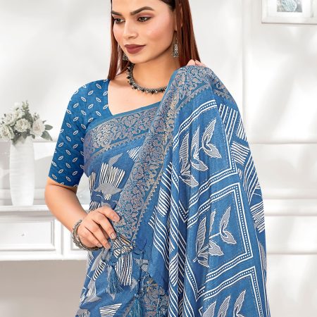 StylishLightBlueLeafPrintedCottonSareeFeaturingFoilWorkandaZariBorder-MadrasSilk22047-BLightBlue2