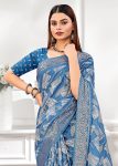 Stylish Light Blue Leaf Printed Cotton Saree Featuring Foil Work and a Zari Border