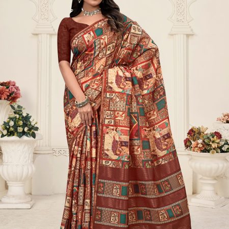 Tussar Silk Saree in Rust Digital Ethnic Motif Prints, Chit Pallu with Stylish Tassels &  Zari Detailing