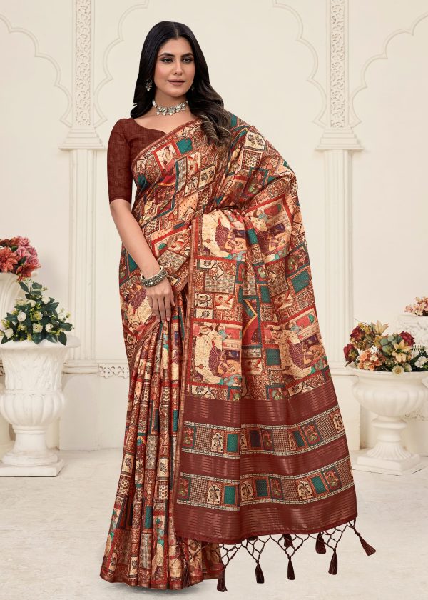 Tussar Silk Saree in Rust Digital Ethnic Motif Prints, Chit Pallu with Stylish Tassels &  Zari Detailing