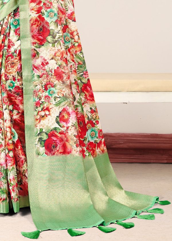 Vibrant Multicolor Organza Saree with Blooming Floral Patterns, Elegant Zari Woven Border, and a Regal Pallu