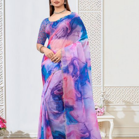 Vibrant Multicolor Organza Saree with Digital Abstract Prints and Stone-Adorned Border