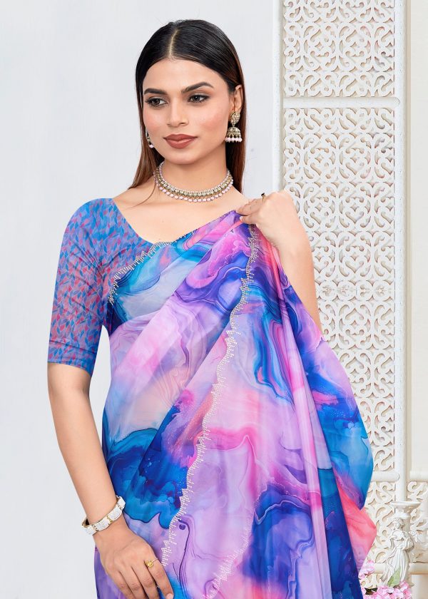 Vibrant Multicolor Organza Saree with Digital Abstract Prints and Stone-Adorned Border