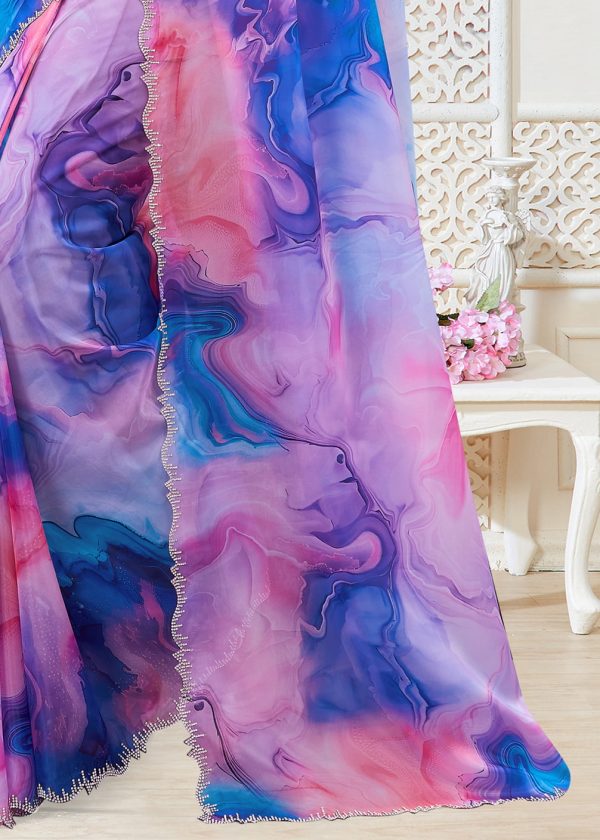 Vibrant Multicolor Organza Saree with Digital Abstract Prints and Stone-Adorned Border