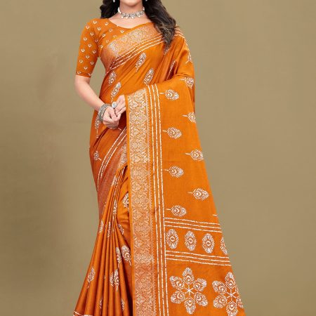 Vibrant Orange Cotton Saree with Ethnic Motif Prints, Foil Detailing, and Zari Woven Border