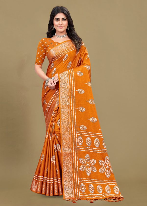 Vibrant Orange Cotton Saree with Ethnic Motif Prints, Foil Detailing, and Zari Woven Border