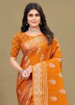 Vibrant Orange Cotton Saree with Ethnic Motif Prints, Foil Detailing, and Zari Woven Border