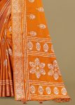 Vibrant Orange Cotton Saree with Ethnic Motif Prints, Foil Detailing, and Zari Woven Border