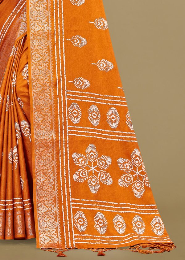 Vibrant Orange Cotton Saree with Ethnic Motif Prints, Foil Detailing, and Zari Woven Border