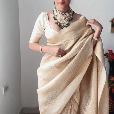 Lassitude 1-Minute Ready To Wear Beige Kanjivaram Silk Saree